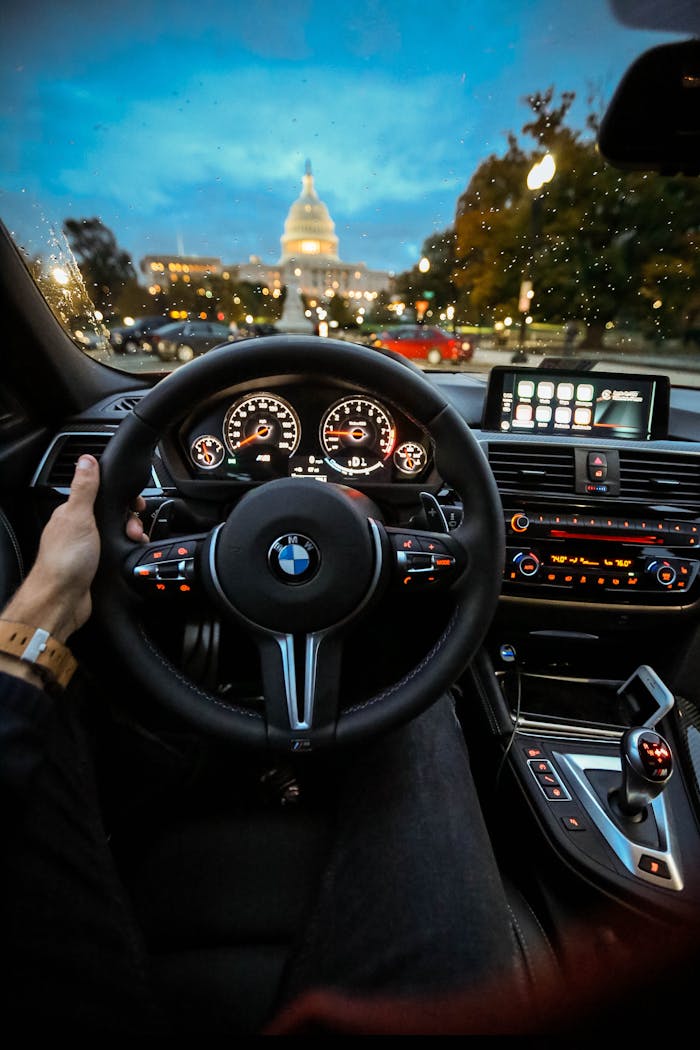 creative View of the Capitol in Washington DC through the BMW steering wheel during a drive.